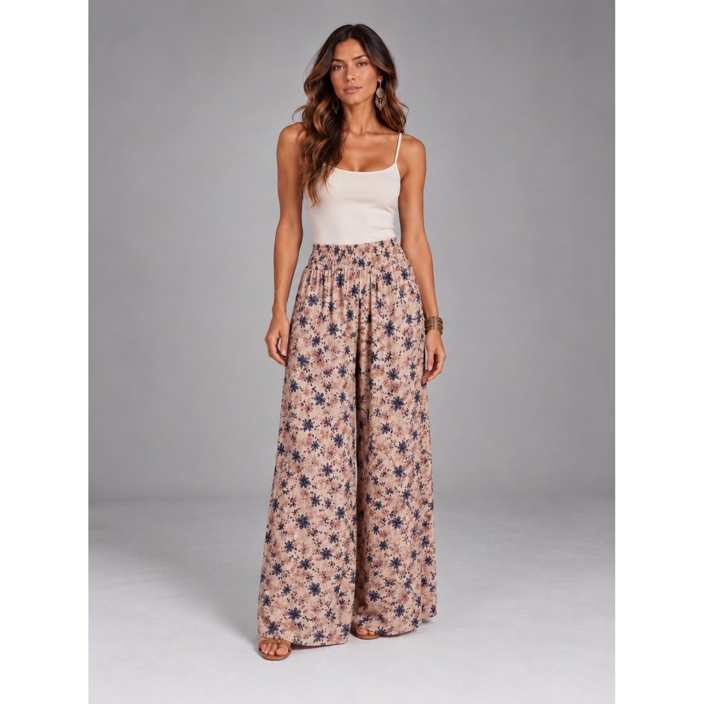 Rewash Womens L Floral Wide Leg Palazzo Pants Smocked Waist Boho Cottagecore